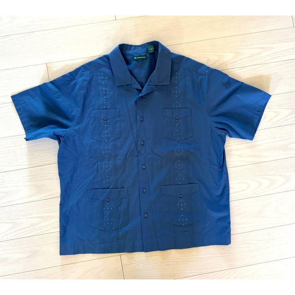 Cubavera Blue Guayabera Shirt‎ Mens XXL Short Sleeve Embroidered 4 Pocket Cotton